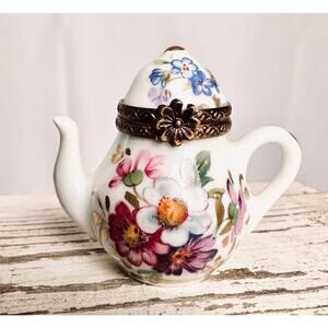Rehousse Main Limoges France Porcelain Mini Teapot Trinket Box 1.75" Tall Floral